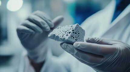 Scientist hand in gloves hold and bend small piece of gray porous foam, new type of material with different properties research concept
