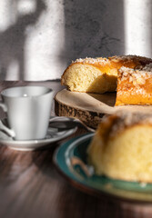 Rosco de Reyes cut into pieces, typical Spanish sweet, Christmas snack. Three Kings Day.