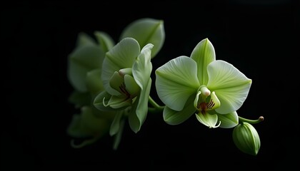 green orchid with unique shapes and textures isolated on an inky black background create with ai