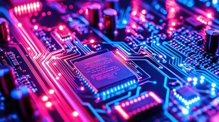 Obraz premium Close-up of a vibrant circuit board with glowing components and intricate pathways.