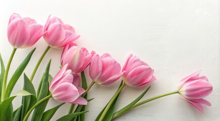 Fototapeta premium Fresh Pink Tulips Arranged Beautifully on a Light Surface for Spring Decor Ideas. Generative AI