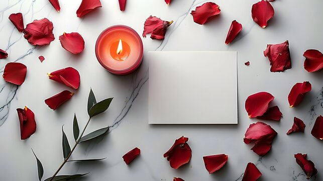 Flat lay of a red candle, scattered rose petals, and a blank card on a marble background, ideal for Valentine’s Day, romantic messages, or intimate event invitations.

