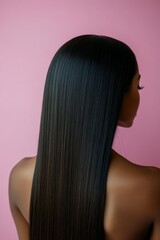 Smooth and glossy hair against a plain pink background highlighting a beautiful hairstyle