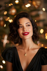 Fototapeta premium Portrait of a woman on santa hat against blurry background with Christmas tree. Happy New Year And Christmas lady's portrait ready to celebrate at corporate event.