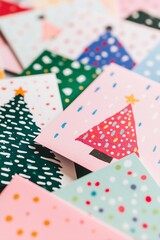 Christmas Card Day many Christmas cards stacked in a pile top view, cards have watercolor and modern prints with Christmas trees, December 9