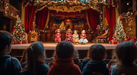 Children watching a Christmas puppet show on stage in a festive theater during the holiday season