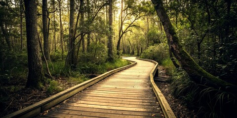 Fototapeta premium Vintage Style Photography of a Serene Boardwalk Winding Through a Lush Forest in Georgia, Capturing Nature's Beauty and Tranquility in a Timeless Atmosphere