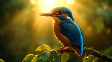 Fototapeta premium A vibrant blue and orange kingfisher perched on a branch, bathed in warm sunlight.