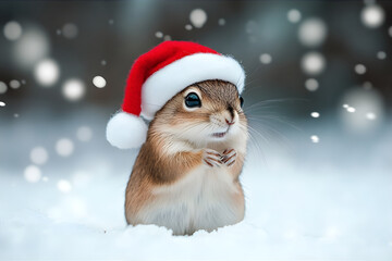 Small hamster on a winter background wearing a Santa hat. New Year and Christmas card with copy space. Festive New Year and Merry Christmas greeting Card. New Year Animal Illustration for design	