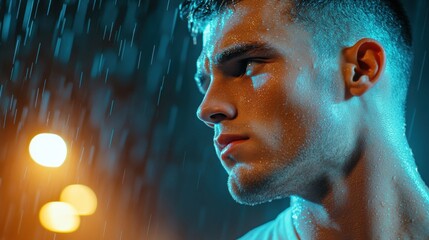 Young man in the rain, illuminated by city lights, looks contemplative and determined, AI