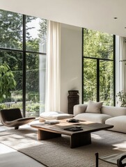 Fototapeta premium The modern living room features large windows, light curtains, and stylish furniture, creating a warm and inviting atmosphere with garden views. Generative AI