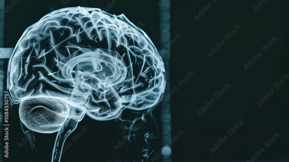 Poster Complex network of neural connections illuminating a transparent human brain, representing technological advancement in medical visualization
