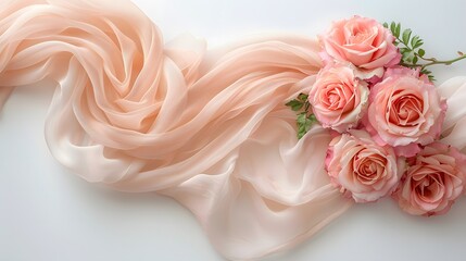 Obraz premium Elegant pink roses arranged with soft flowing fabric on a white background, perfect for romantic designs, weddings, or feminine-themed decor.