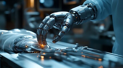 A robotic hand performs a medical procedure on a patient.