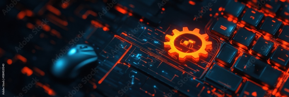 Fototapete a close-up of a keyboard icon showcasing a mouse alongside a glowing gear, highlighting digital crea