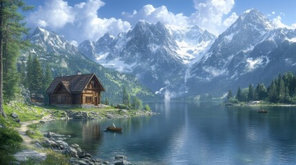 Fototapeta premium Serene Alpine Chalet by a Picturesque Mountain Lake