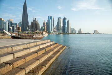 The Corniche Promenade in Doha, Qatar, offering stunning views of the Persian Gulf and the city&rsquo;s skyline.