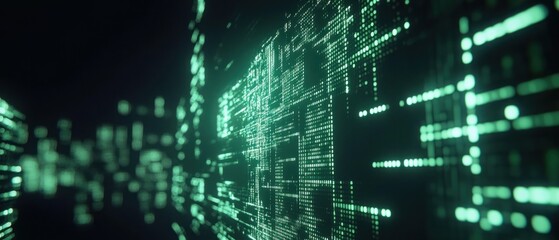 Abstract digital landscape with glowing green data patterns and circuits.