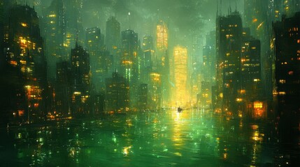 Fototapeta premium Glowing Green Cityscape at Night - Futuristic Metropolis