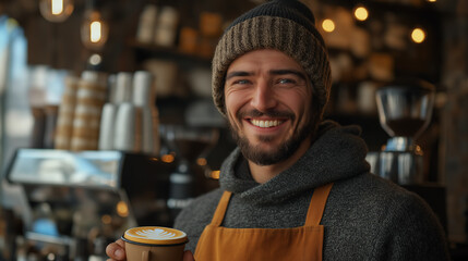 smiling man in a gray beanie and apron holds a coffee drink. He's in a coffee shop