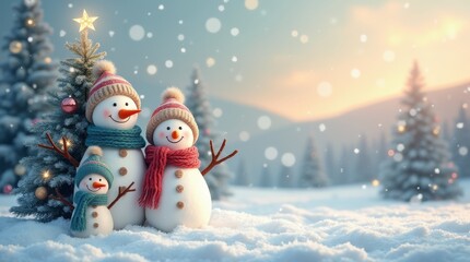 Family of snowmen near a decorated Christmas tree.