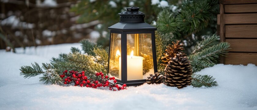 A Christmas lantern with a glowing candle stands on the snow-covered ground in a winter garden, surrounded by pine cones, ideal for Christmas-themed greeting cards, seasonal decorations