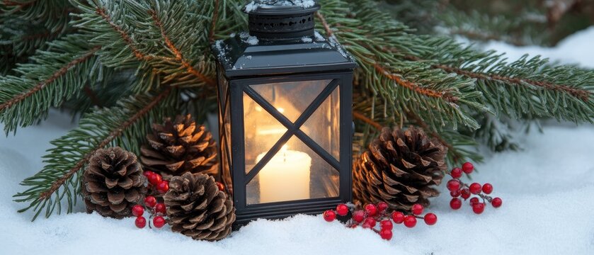 A black lantern with pine cones and red berries is placed on snow-covered ground, surrounded by evergreen branches, ideal for holiday greeting cards, winter-themed marketing, Christmas decorations