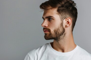 Obraz premium Close up profile of calm neat man in casual attire.