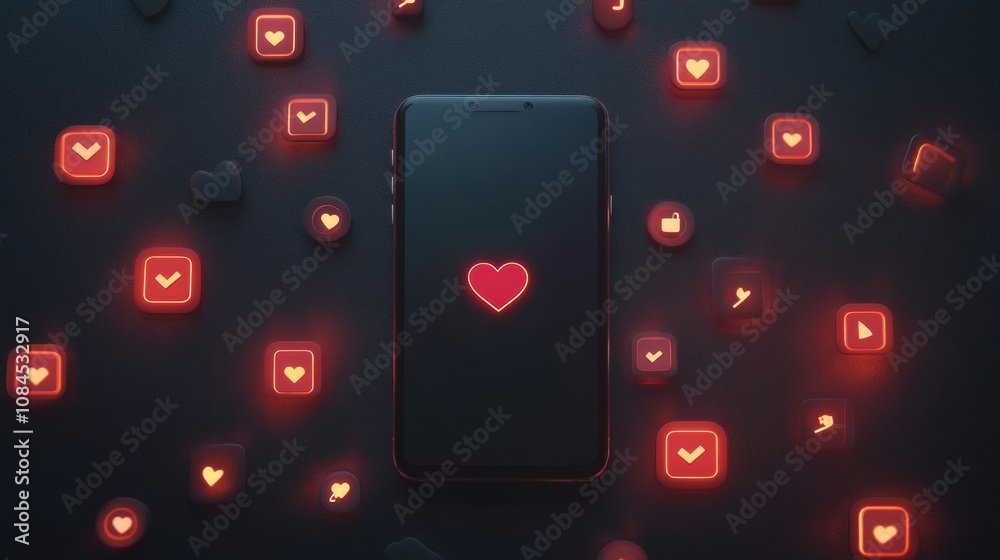 Fototapete a smartphone is surrounded by glowing red icons representing notifications, likes, and comments in a