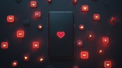 A smartphone is surrounded by glowing red icons representing notifications, likes, and comments in a dimly lit environment. Generative AI
