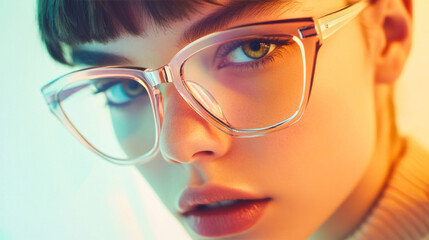 Woman wearing trendy eyeglasses with colorful lighting and short hair