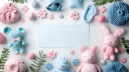 Flat lay of pastel-colored baby toys, rattles, and accessories with a blank card in the center, ideal for baby shower invitations, gender reveal themes, or nursery decor.

