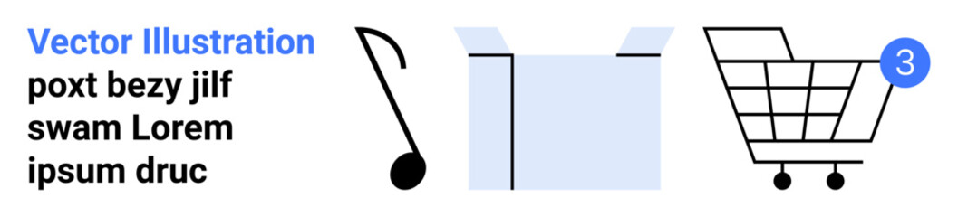 Music note, open box, and shopping cart with notification icon. Ideal for e-commerce, delivery services, online shopping, music streaming, postal services, and retail marketing. Landing page