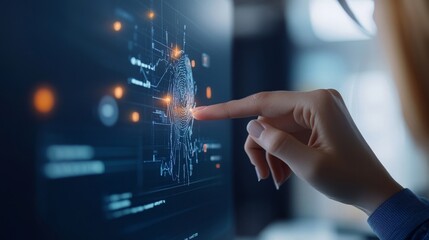 A person is pointing at a computer screen with a blue and white design