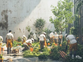 A company's corporate social responsibility (CSR) initiative with employees volunteering in community projects, illustrating the growing focus on ethical business practices.