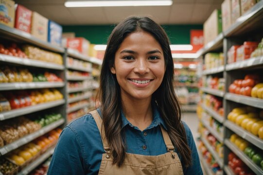 Close portrait of a smiling young Peruvian female grocer standing and looking at the camera, Peruvian grocery store blurred background