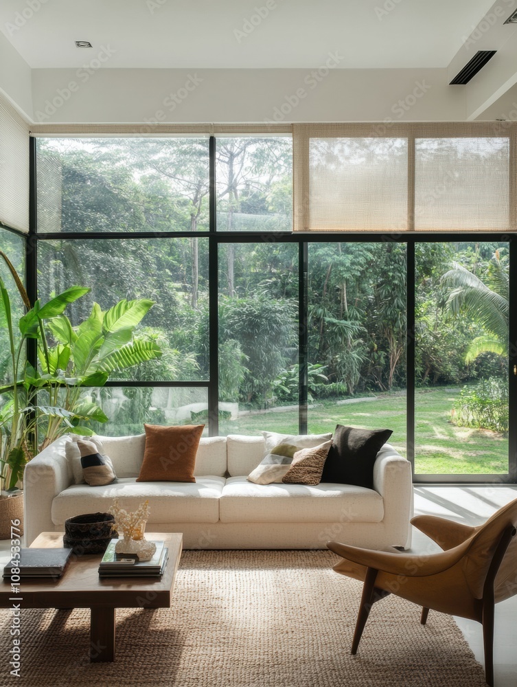 Poster this modern living room features a comfortable sofa, large windows offering views of lush greenery, 