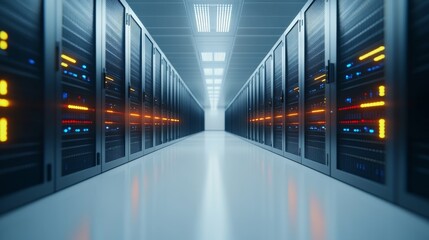 Fototapeta premium A row of computer servers with yellow lights on them