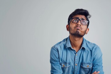 Fototapeta premium Indian man in denim shirt feels guilty in photo.