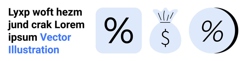 Three financial symbols including percentage signs and a money bag with a dollar symbol. Ideal for financial themes, marketing, budgeting, savings, discounts, investment, banking. Landing page