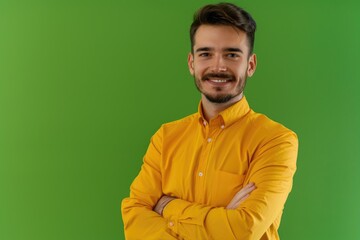 Confident young businessman in yellow shirt at corporate seminar