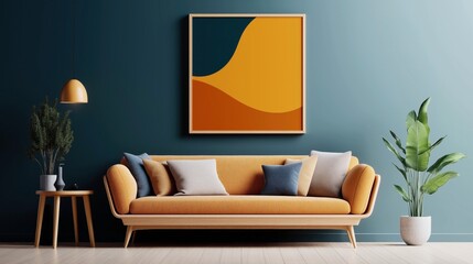 Modern living room with an orange sofa, abstract wall art, and stylish decor elements including a side table with plants and a pendant lamp against a teal wall background.