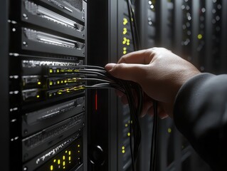 A hand plugging in a network cable into a server rack