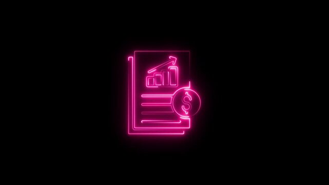 Glowing neon line Dollar rate decrease icon isolated on black background. Cost reduction. Money symbol with arrow and neon file document icon.
