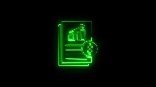 Glowing neon line Dollar rate decrease icon isolated on black background. Cost reduction. Money symbol with arrow and neon file document icon.