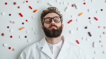 Man in white lab coat lying on surface with various pills scattered around