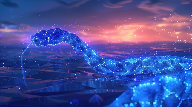 A digital, polygonal snake emerging from a futuristic landscape with a glowing sunset.