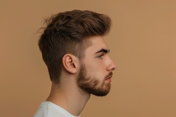 Obraz premium Serious young man profile photo with empty space background