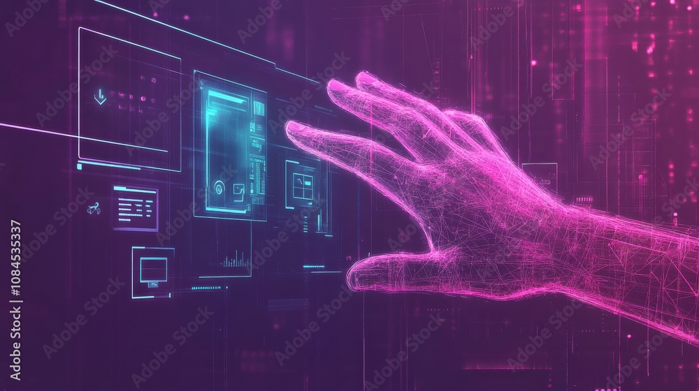 Aufkleber A hand icon extends towards a modern computer interface filled with security and settings symbols in a digital environment. Generative AI
