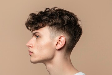 Fototapeta premium Young man with new haircut poses for profile photo.